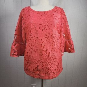 RSVP Talbots Lace Overlay Blouse Coral Pink Size XL 3/4 Bell Sleeves Side Zip